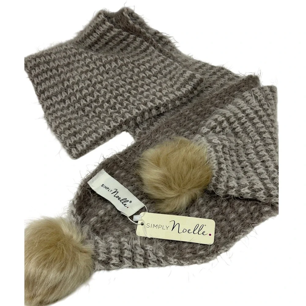 Simply Noelle Scarf Brown Fuzzy Knit Faux Fur Pom Pom Winter Accessory Womens OS